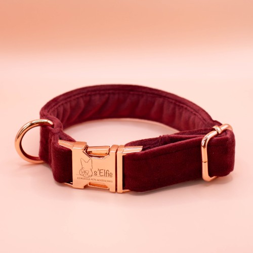 burgundowa obroża welurowa z klamrą rose gold