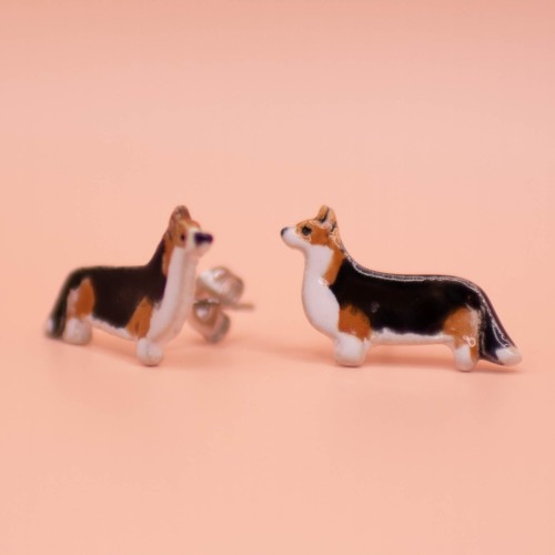 biżuteria kolczki welsh corgi pembroke trikolor