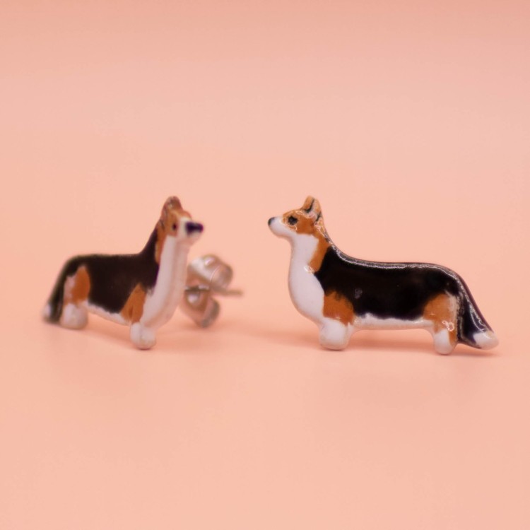 biżuteria kolczki welsh corgi pembroke trikolor