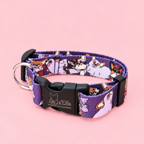 Fioletowa obroża z uroczym wzorem corgi halloween corgifying.png